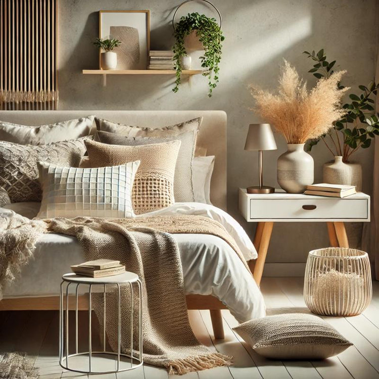 Bedroom accessories including decorative cushions, throw pillows in neutral tones, a soft throw blanket, and a bedside table with a plant and book in a cozy, modern setup.