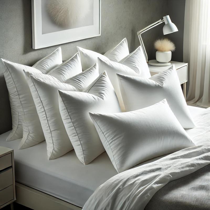 Premium bed pillows with crisp white pillowcases styled on a neatly made bed in a modern, minimalist bedroom with soft natural lighting.