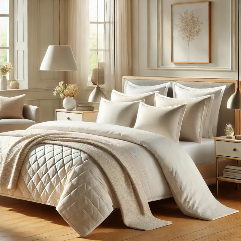 Luxurious bedding set with matching sheets, pillowcases, and a quilted comforter in neutral tones, styled on a neatly made bed in a bright, modern bedroom.