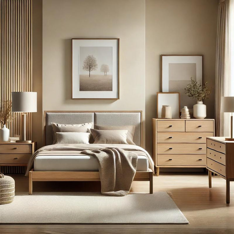 Collection of bedroom furniture including a modern platform bed frame, nightstand with table lamp, dresser, and upholstered headboard styled in a cohesive bedroom setup with neutral tones and natural lighting.