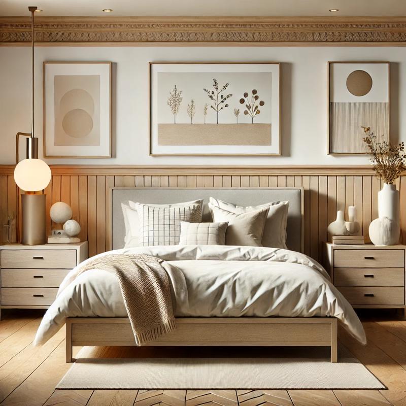 Modern platform bed with neutral bedding, matching nightstand and dresser, and accessories like throw pillows, a blanket, and a bedside lamp in a cohesive setup.