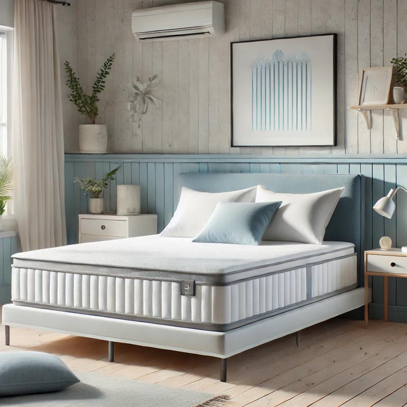 Cooling mattress in a modern bedroom with light blue and white bedding, a sleek bed frame, and natural lighting for a refreshing aesthetic.