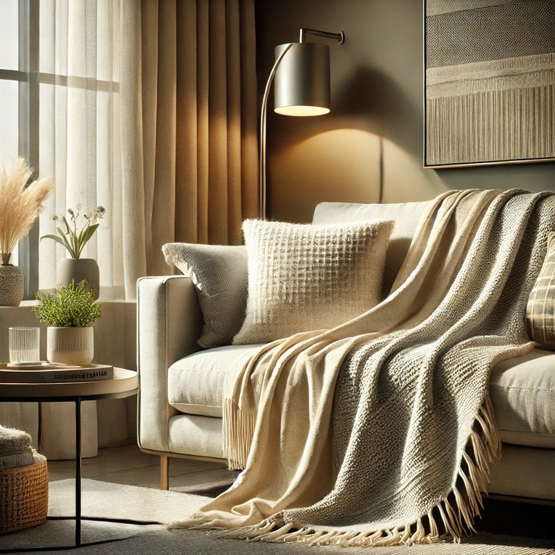 Cozy throw blanket in cream and gray draped over a sofa in a modern living space with natural lighting.