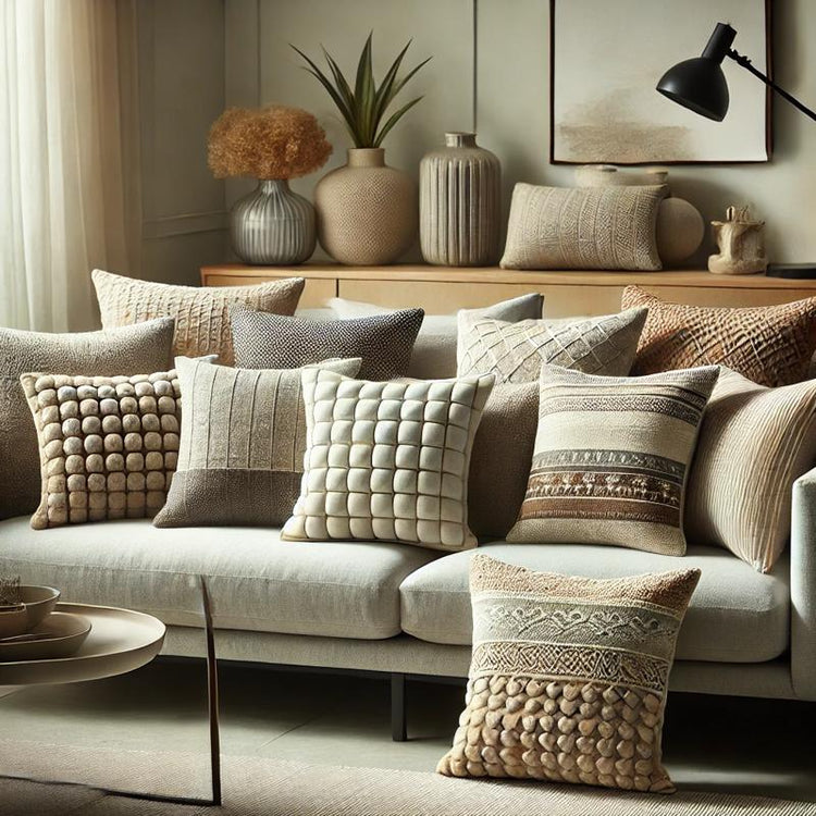 Decorative cushions with various textures and patterns in neutral and earthy tones arranged on a modern sofa in a stylish living room with natural lighting.