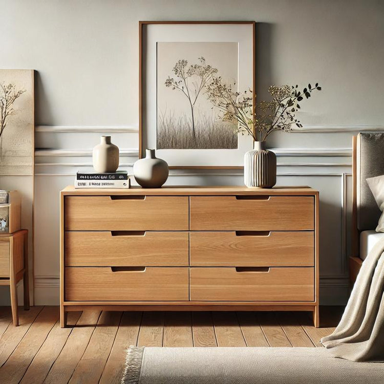 Modern wooden dresser with clean lines and multiple drawers, styled in a minimalist bedroom with decor like a small vase, framed picture, and soft natural lighting.