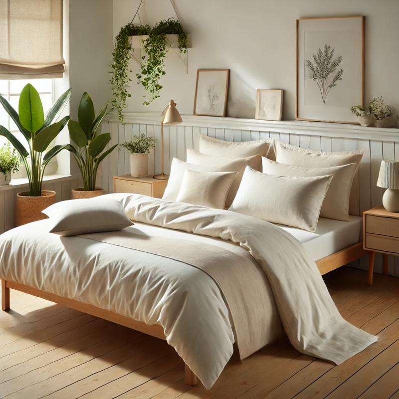 Eco-friendly bedding set with organic cotton sheets, pillowcases, and a light comforter styled on a minimalist bed with potted plants and natural lighting.