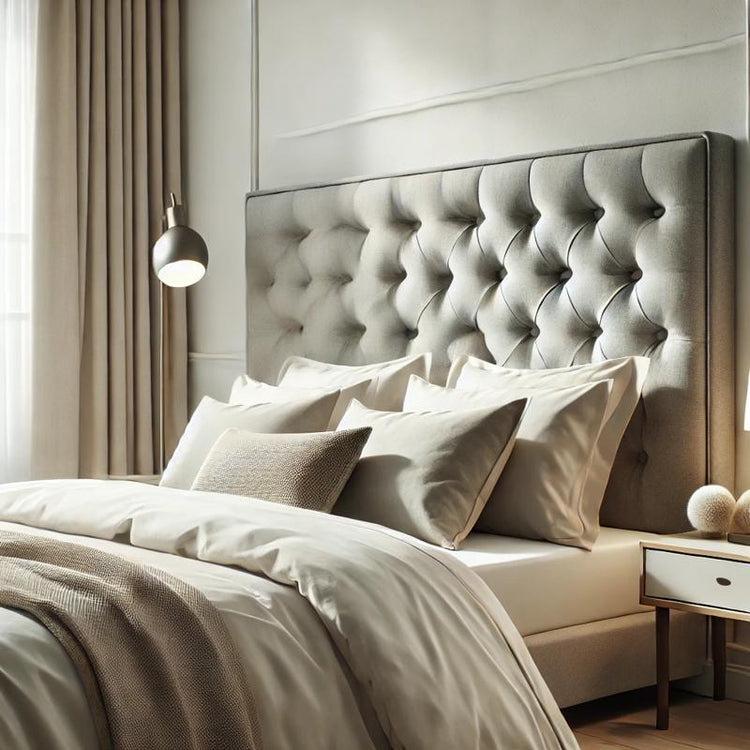 Modern upholstered headboard in soft gray fabric with a tufted design, styled in a minimalist bedroom with neutral bedding, bedside table, and soft natural lighting.