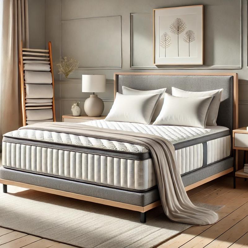 Hybrid mattress in a contemporary bedroom with a plush top layer, supportive base, neutral gray and white bedding, and a wooden bed frame.