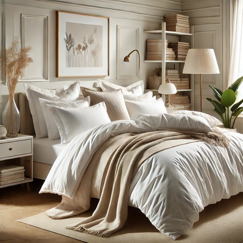 Luxurious bedding collection featuring a well-styled bed with premium sheets, pillowcases, a quilted comforter, and a draped throw blanket in a modern bedroom.