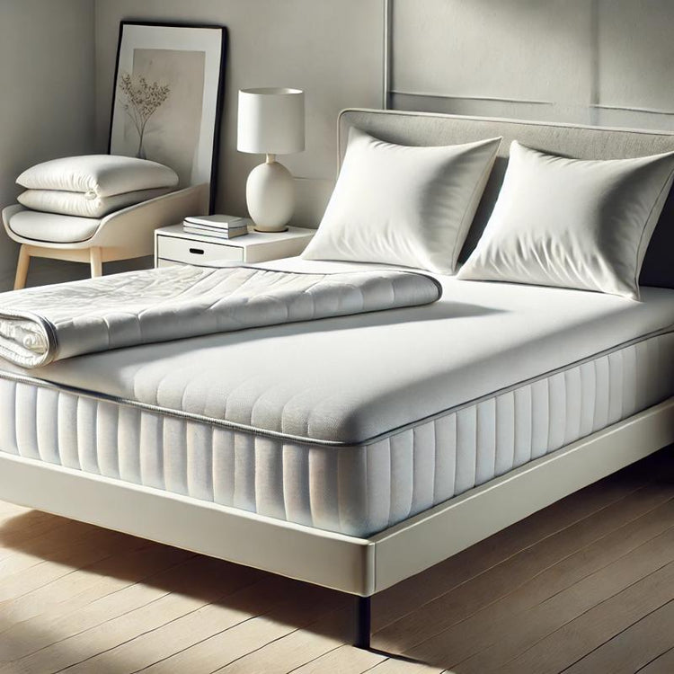 High-quality mattress protector fitted on a mattress with crisp white bedding, highlighting waterproof and durable features in a minimalist bedroom setting.