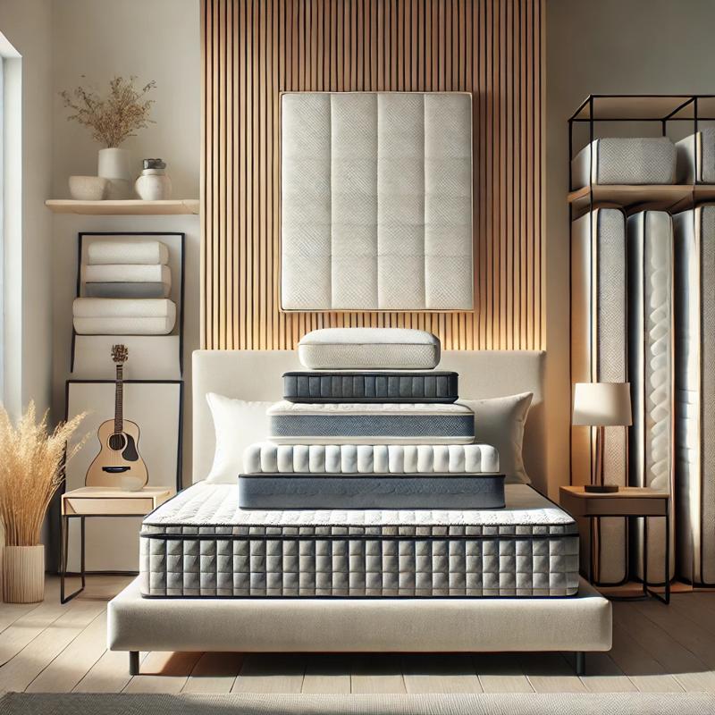 Premium mattresses displayed in a modern bedroom setting with a neatly styled bed, showcasing options like memory foam, hybrid, and cooling mattresses with neutral bedding.