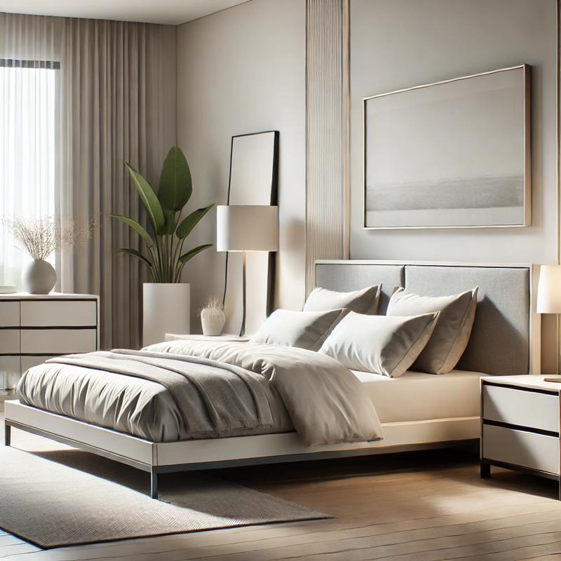 Modern bedroom suite featuring a low-profile platform bed frame, neutral bedding in white and gray, matching nightstand and dresser, and minimalist decor with soft natural lighting.