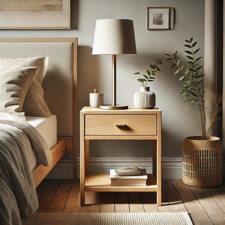 Modern wooden nightstand with a small drawer and open shelf, styled in a minimalist bedroom with a table lamp, book, and potted plant.