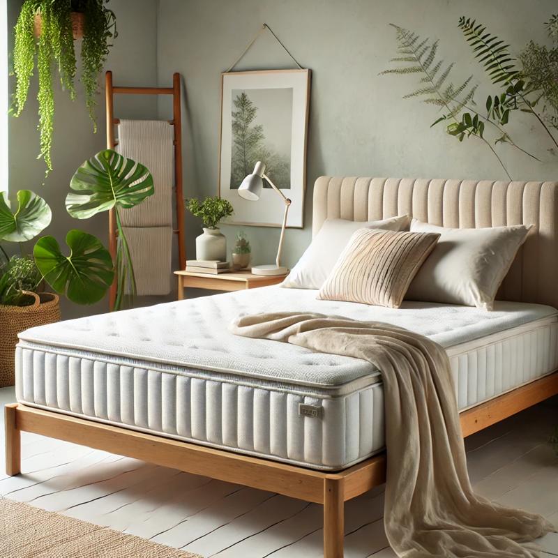 Organic mattress in a minimalist bedroom with a wooden bed frame, cream bedding, and green plants for an eco-friendly aesthetic.