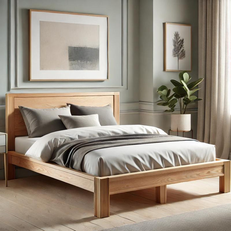 Warm and modern wooden platform bed frame in a minimalist bedroom with soft lighting, styled with neutral bedding and simple decor.