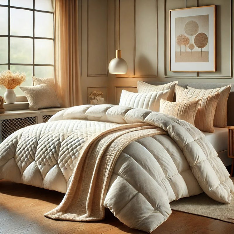 Plush comforter and duvet cover set in beige and white on a neatly styled modern bed with decorative pillows.