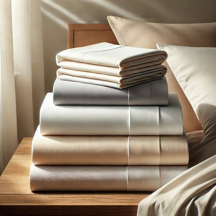 A stack of premium sheets and pillowcases in white, beige, and gray displayed on a wooden surface with natural lighting.