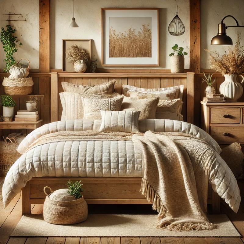 Rustic and farmhouse bedroom package featuring a wooden platform bed frame, quilted comforter, neutral bedding in beige and cream, decorative pillows, and cozy accents in a warm, country-inspired bedroom.