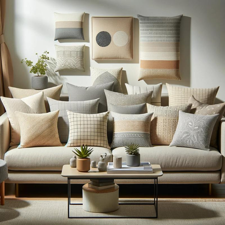 Stylish throw pillows in neutral tones and subtle patterns, arranged on a modern couch in a minimalist living room with a coffee table and natural lighting.